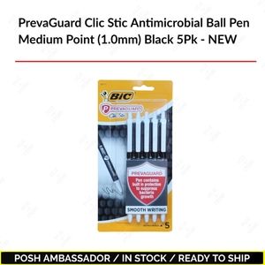 PrevaGuard Clic Stic Antimicrobial Ball Pen Medium Point (1.0mm) Black 5 pk, NEW